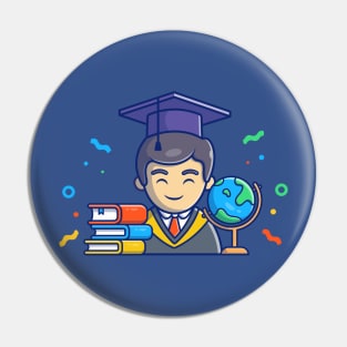 Men Graduating, Globe, And Books Cartoon Pin