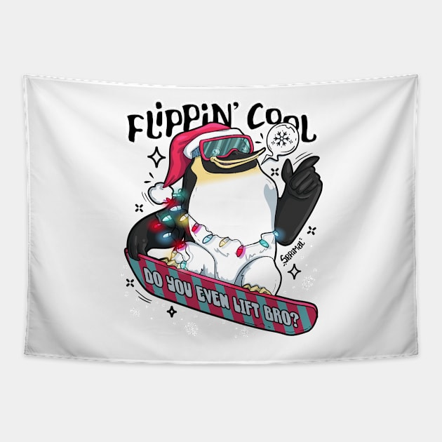 Flippin cool Christmas Penguin snowboarding Tapestry by SPIRIMAL