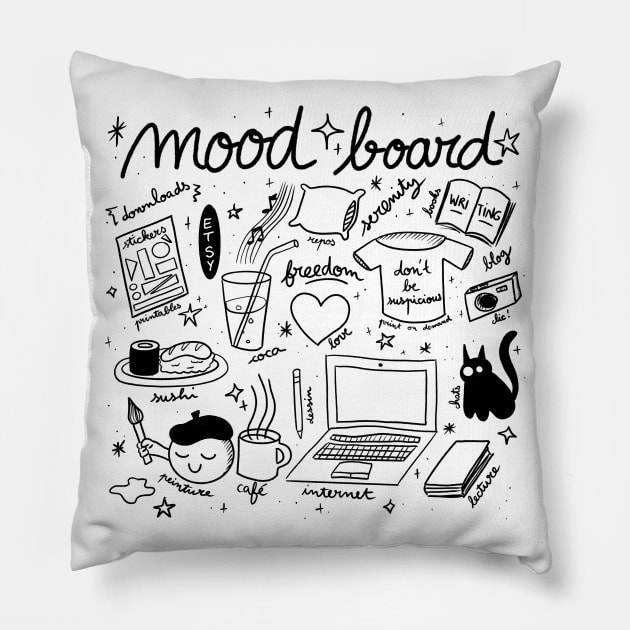 Mood Board Cats Tik Tok Writing Napping Sushi Coffee Reading Love Rest Serenity Photography Drawing Painting Lifestyle Happy Place Pillow by nathalieaynie
