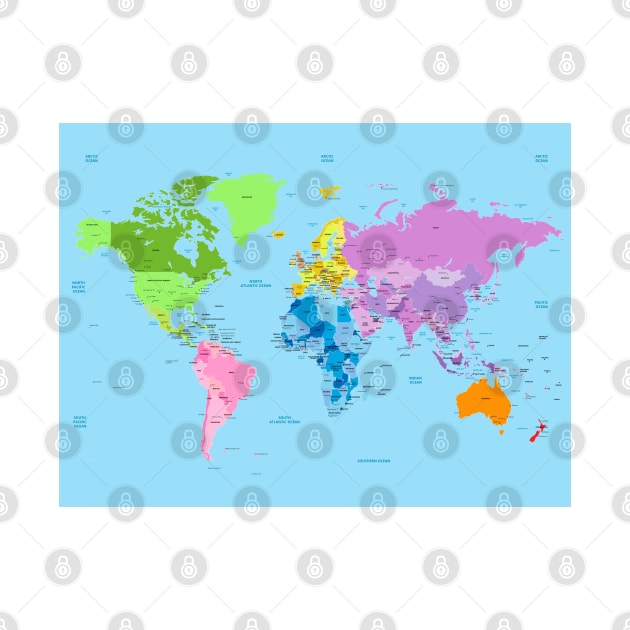 Bright World map listing capital cities by EverlastingJourneys