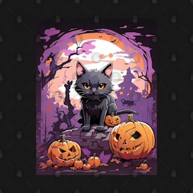 Halloween black cat with spooky pumpkins by BrisaArtPrints