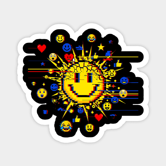 Glitched Emoji Explosion – Social Media Overload Sun Magnet by Designed By Marty