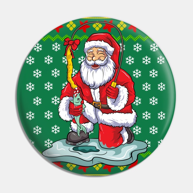 Ice Fishing Santa Claus Fisherman Ugly Christmas Sweater Pin by E