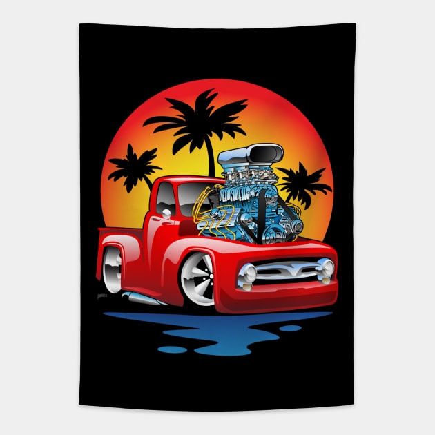 Classic American Hot Rod Pick-up Truck with Sunset Cartoon Tapestry by hobrath