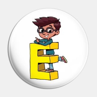 boy stands on the capital letter E Pin