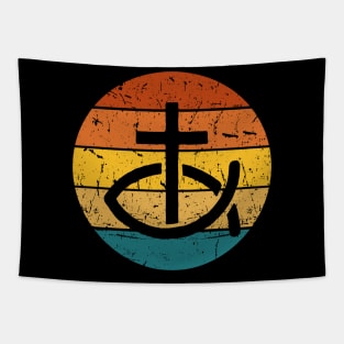 Cross And Fish Sunset Christian Logo Tapestry