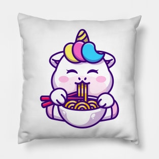 Cute unicorn eating ramen with chopstick cartoon Pillow