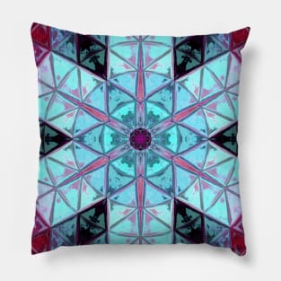 Mosaic Kaleidoscope Flower Blue and Red Pillow