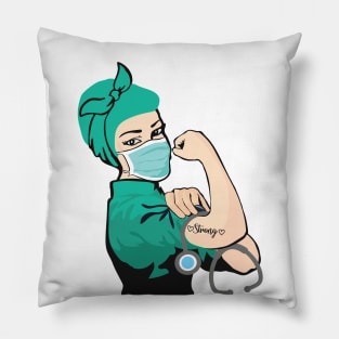 Pin Up Nurse Girl Wearing Mask with Strong Tattoo Pillow