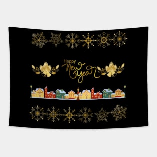 Happy New Year Christmas Village with Snowflakes and Bells Tapestry