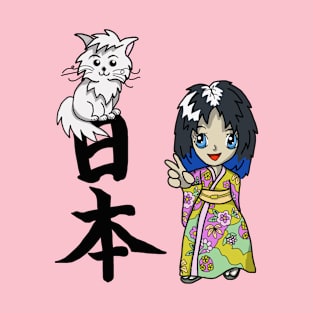 Peace Sign Girl, a Cat and a Kanji T-Shirt