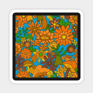 Brown, blue, orange, green, sixties seventies floral Magnet