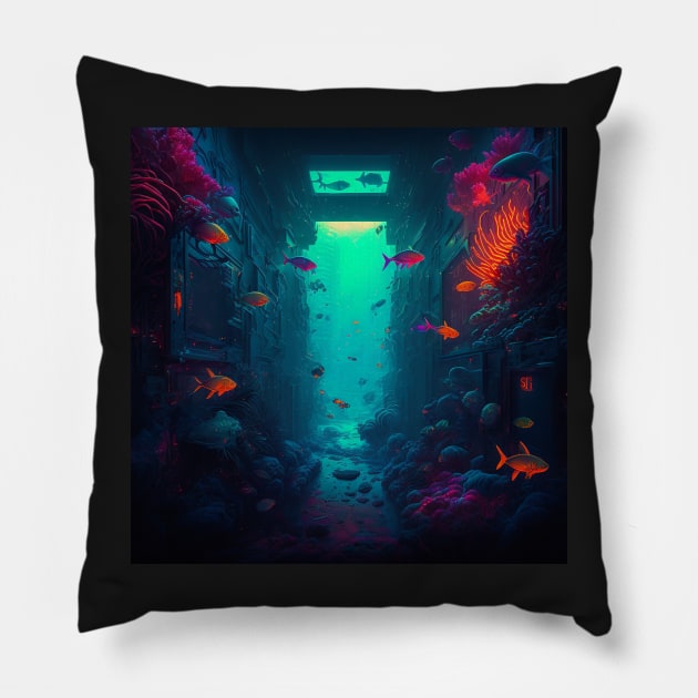 Cyberpunk Underwater Biome Pillow by AICreateWorlds