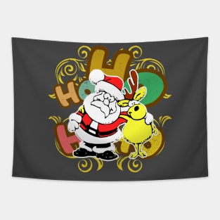 Ho ho ho Santa Claus and Rudolf the reindeer in friendly embrace in a Christmas atmosphere against the background of colorful letters Tapestry