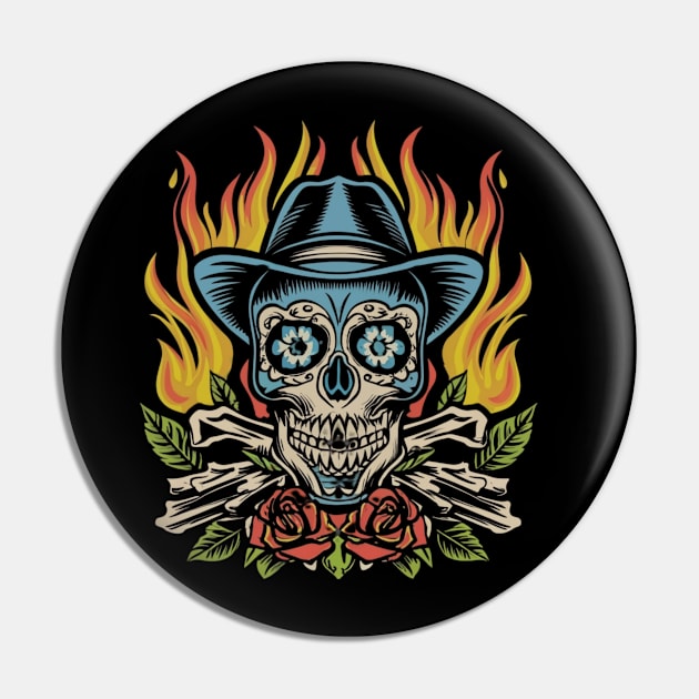 Iconic Blaze - Vintage Flame Skull Tattoo Pin by Goku Creations