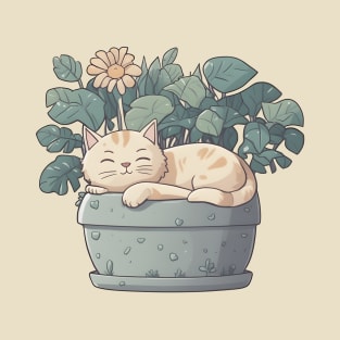 Cute Sleeping Kawaii Cat in Plant Pot T-Shirt