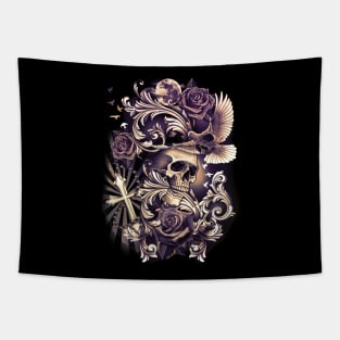 SKULL with Dove Cross Flowers Religious Tattoo Art Tapestry