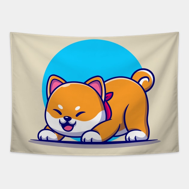 Cute Shiba Inu Dog Stretching Cartoon Tapestry by Catalyst Labs