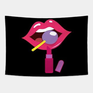 Lollipop red lips. Girly lipstick makeup candy Tapestry