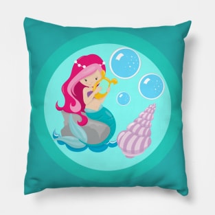 Mermaid Girl Cute Teal Beach Pillow