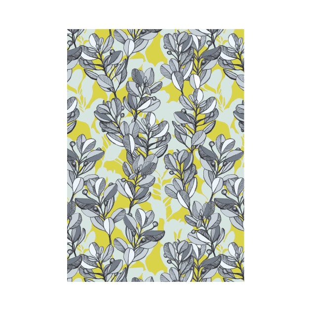 Leaf and Berry Sketch Pattern in Mustard and Ash by micklyn