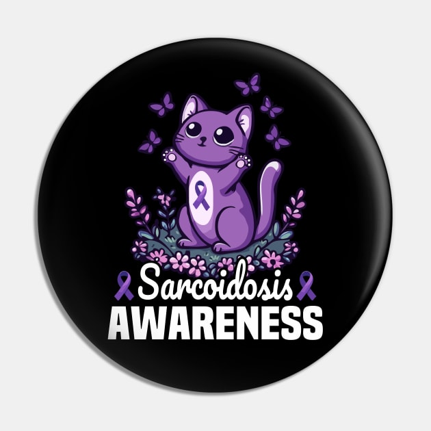 Cat And Butterflies Sarcoidosis Awareness Month Purple Ribbon Pin by MoDesigns22 