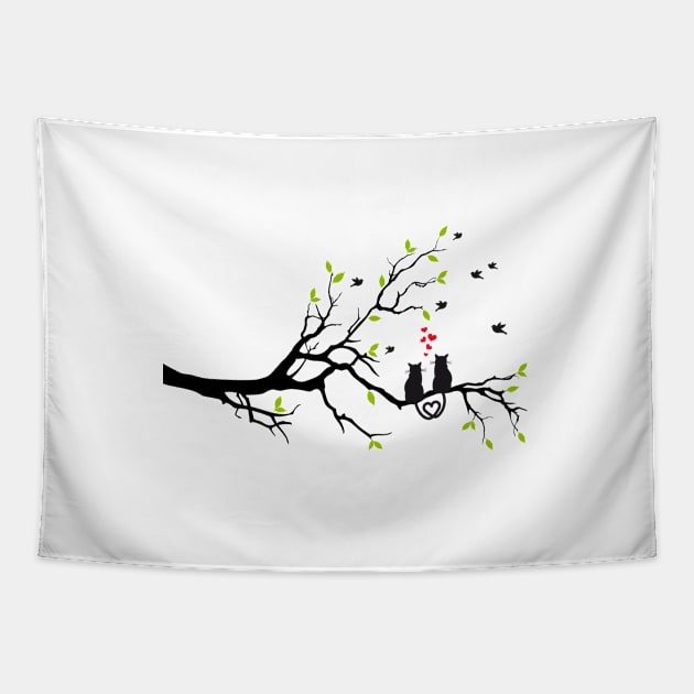 Cats in love on spring tree Tapestry by beakraus