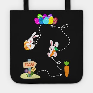 Bunny hides easter egg on Easter trail to colorful Easter eggs and Easter carrot Tote