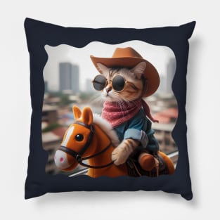 A cat wearing sunglasses and a cowboy hat riding a toy horse Pillow