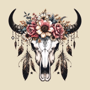 Cow Skull and Crown rose, Boho Cow Skull with sunfloral crown, watercolor,style, rodeo, wild, farm, cowgirl, shabby chic T-Shirt