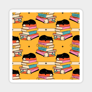 Books and Plant Black Cat Pattern in yellow Magnet