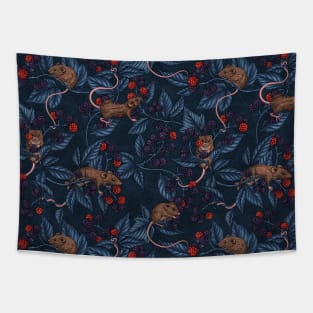 Mice and blackberries on navy Tapestry