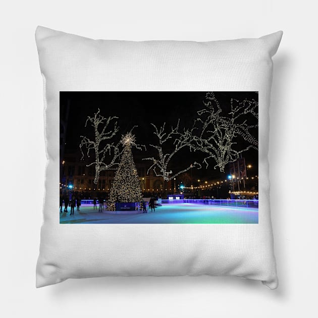 Xmas Ice rink at the Natural History Museum Pillow by LeighsDesigns