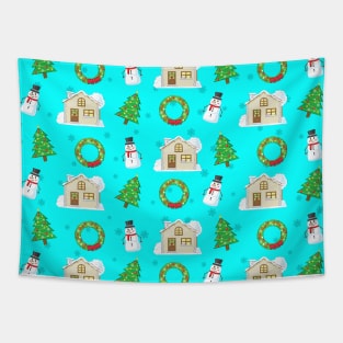 Christmas Pattern - Blue Background Tapestry