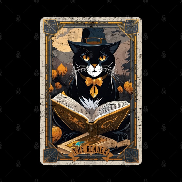 The Reader Retro Black Cat Halloween Tarot Card by DanielLiamGill