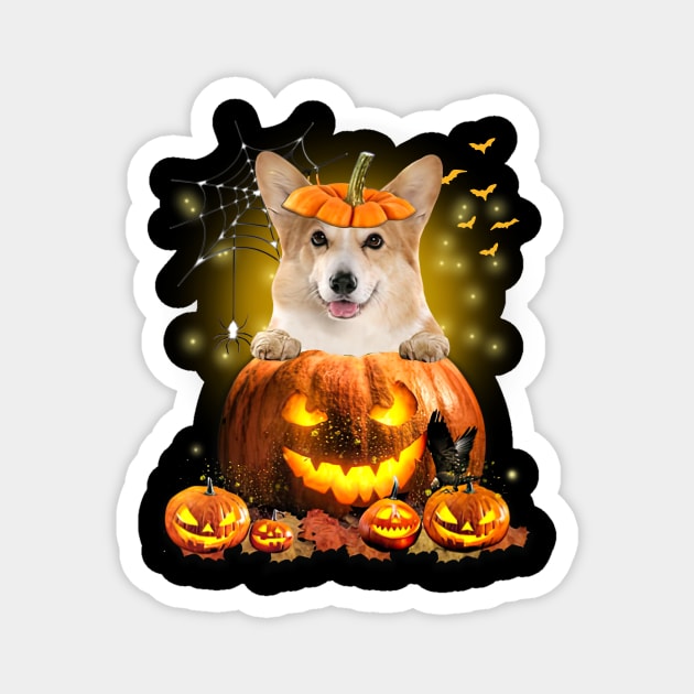 Corgi Spooky Halloween Pumpkin Dog Head Magnet by Red and Black Floral