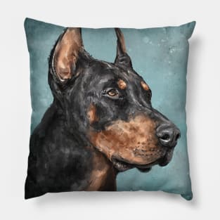 An impressive Black and Gold Doberman Pinscher on Blue Background Pillow