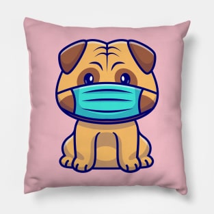 Cute Pug Dog Sitting And Wearing Mask Cartoon Pillow