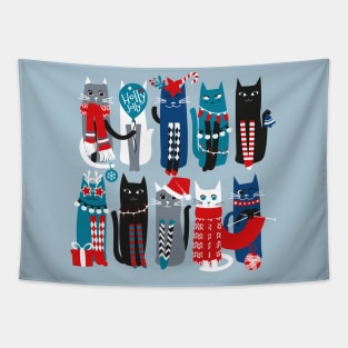 Feline Christmas vibes // print // blue background blue white and black kittens Tapestry