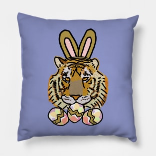 Happy Easter Bunny Ears on Tiger Eating Easter Eggs Pillow