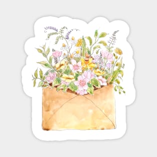 pink cherry blossom flowers in light brown envelop ink and watercolor Magnet