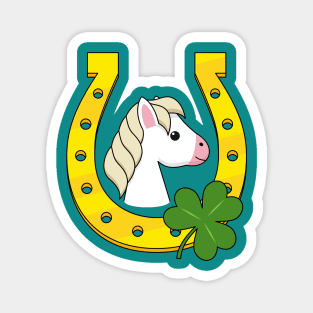 Cute White Horse with Golden Horse Shoe and Shamrock Magnet