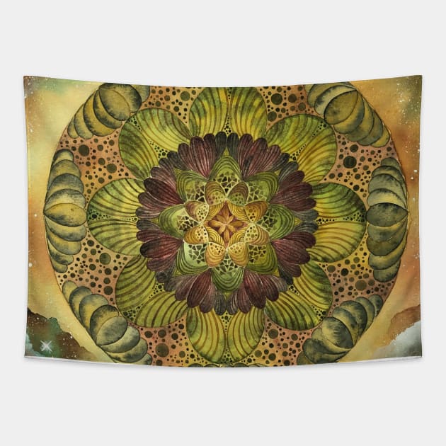 Earthy Mandala Heart Tapestry by amyliafaizalart