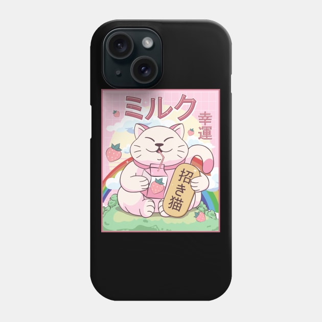 Kawaii Maneki Neko Cat Strawberry Milk Japanese Aesthetic Gift Phone Case by Alex21