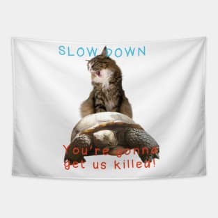 Slow Down! You're gonna get us killed - Maine Coon Cat + CA Gopher Desert Tortoise Tapestry