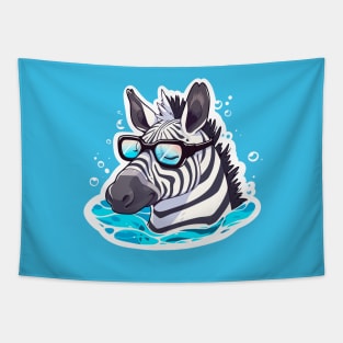 A zebra with glasses is resting in the water. Tapestry