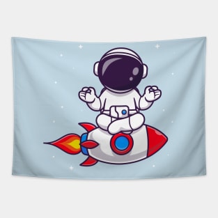 Cute Astronaut Meditation Yoga On Rocket Cartoon Tapestry