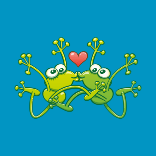 Funny green frogs falling in love while performing an acrobatic kiss T-Shirt