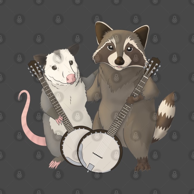 Opossum and Raccoon with banjos by Mehu Art