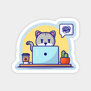 Cute Cat Working On Laptop With Coffee Cup Cartoon Vector Icon Illustration Magnet